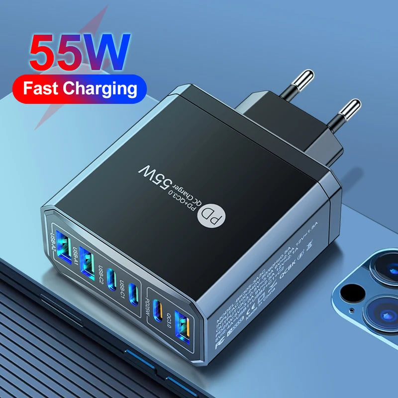 55W Multi-USB Fast Charging Travel Power Adapter with EU US UK AU Plugs