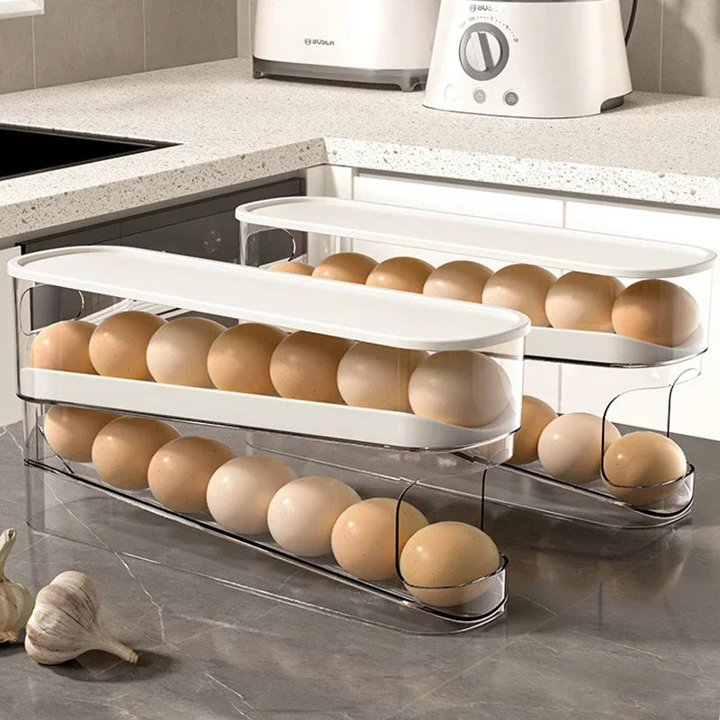 Bi-Layer Egg Storage Box with Automatic Rolling Rack - Refrigerator Egg Organizer