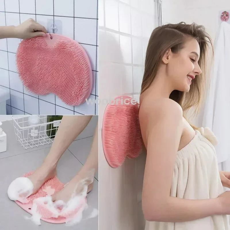 Silicone Back Brush Shower Mat Non-Slip Foot Exfoliating Pad Bathroom Massage