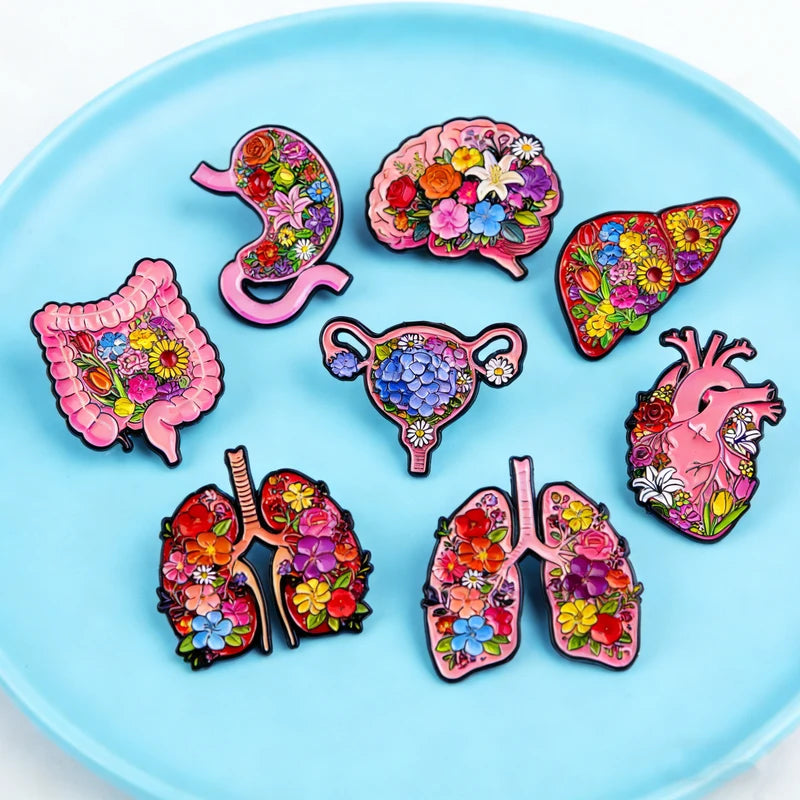 Medical Enamel Pin Brooch Set - Flower Brain Heart Lungs Badge Jewelry for Healthcare Professionals