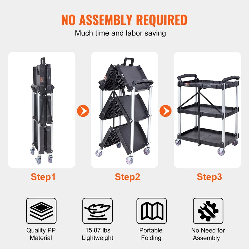 3-Tier Folding Utility Cart with Lockable Swivel Wheels - Portable Storage Shelf