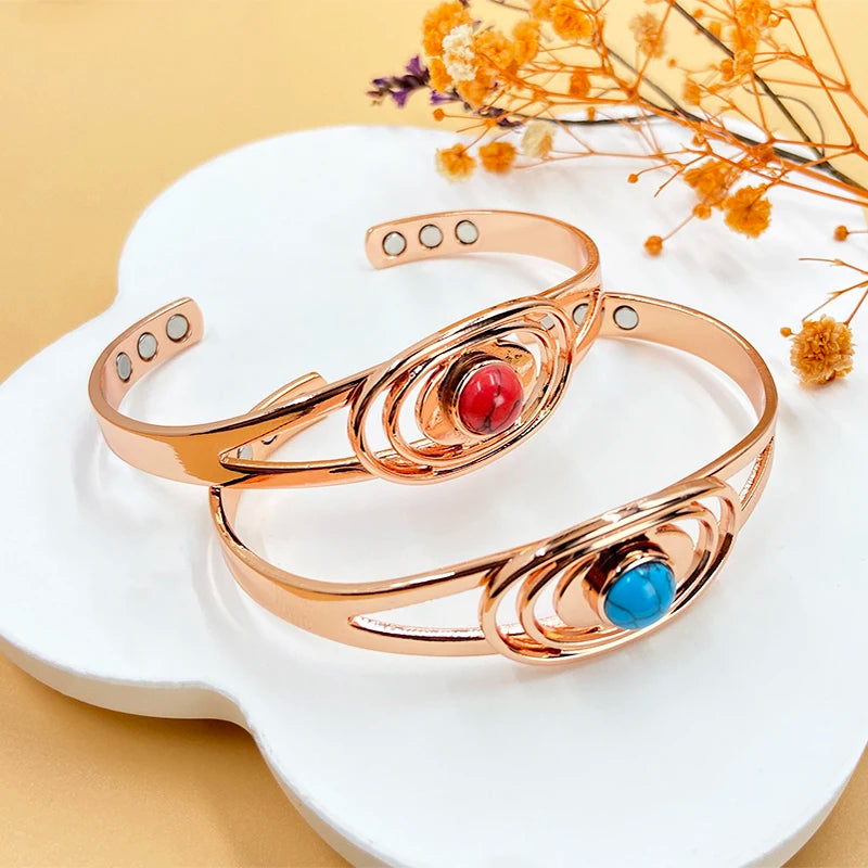 Adjustable Copper Magnetic Bracelet for Women with Turquoise Inlay - Gift Jewelry