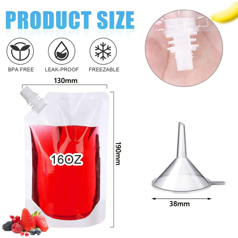 Travel Drink Pouch 100ml-500ml Transparent Plastic Bags for Juice & Beverage Storage