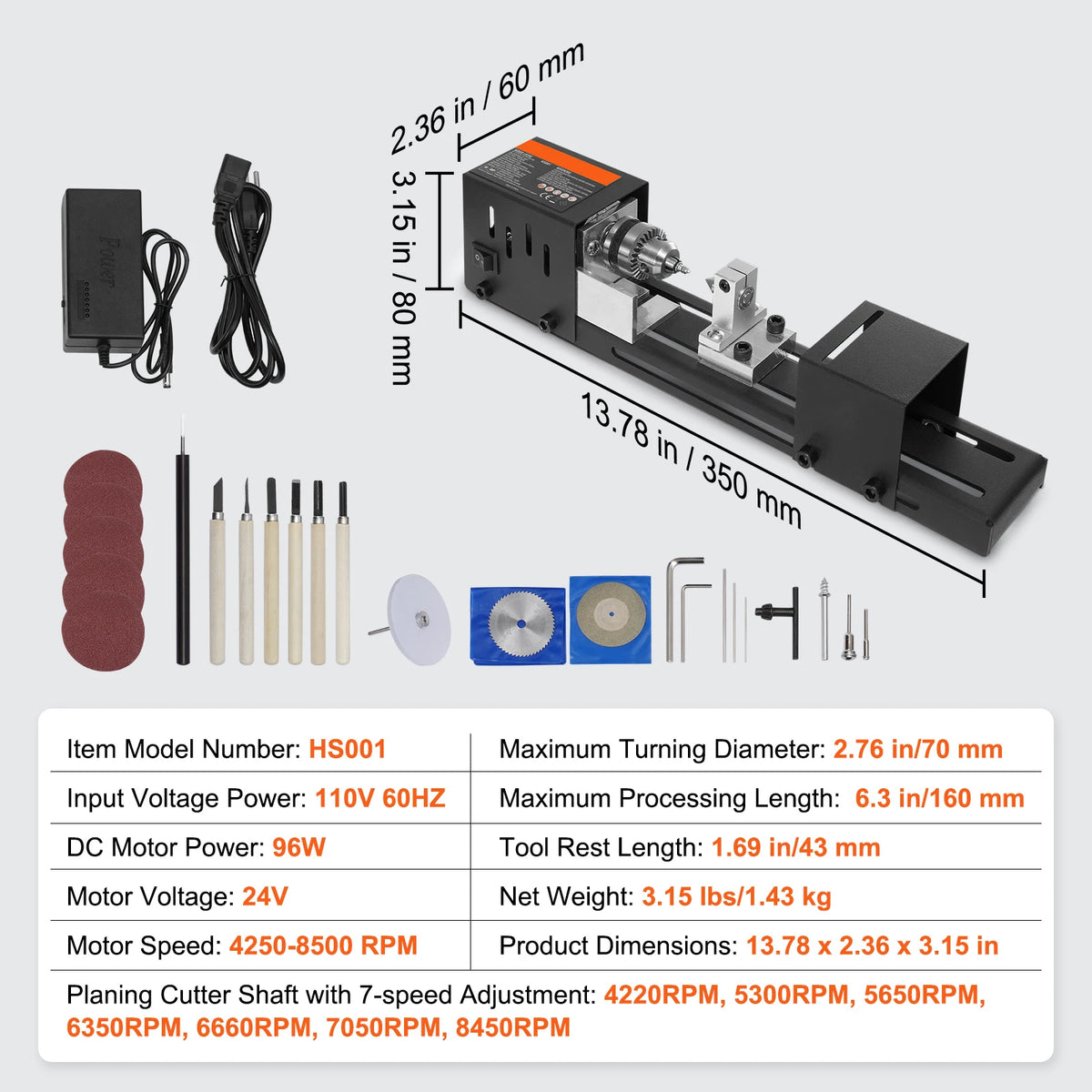 Mini Wood Lathe Machine 7-Inch, 96W Power, 7-Speed for DIY Woodworking
