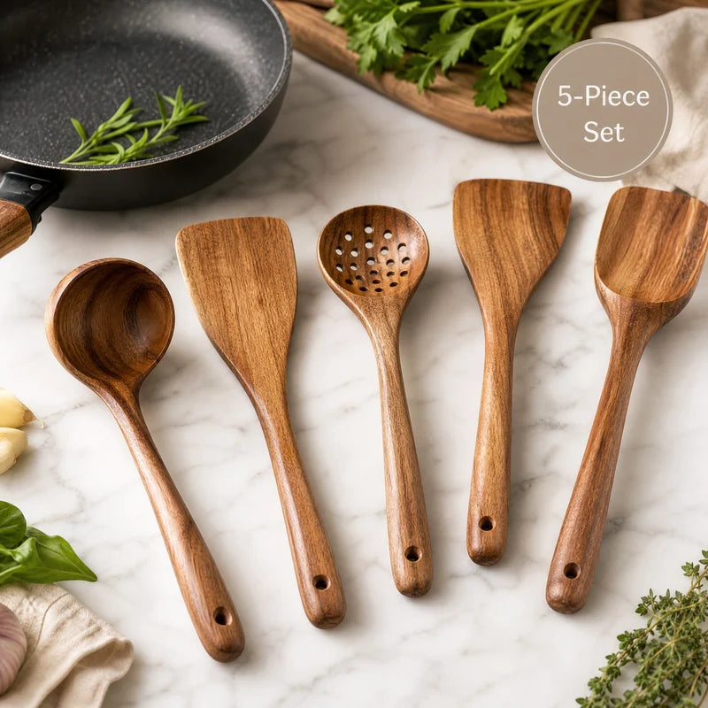 Wooden Kitchen Utensil Set 5 Pieces Food-Grade Non-Toxic Cooking Tools