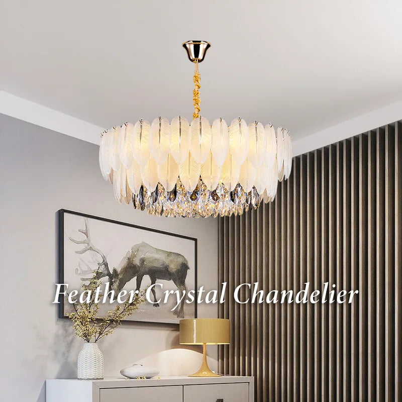 Modern Crystal Chandelier with Gold Finish - Dimmable Tri-Color E14 Fixture