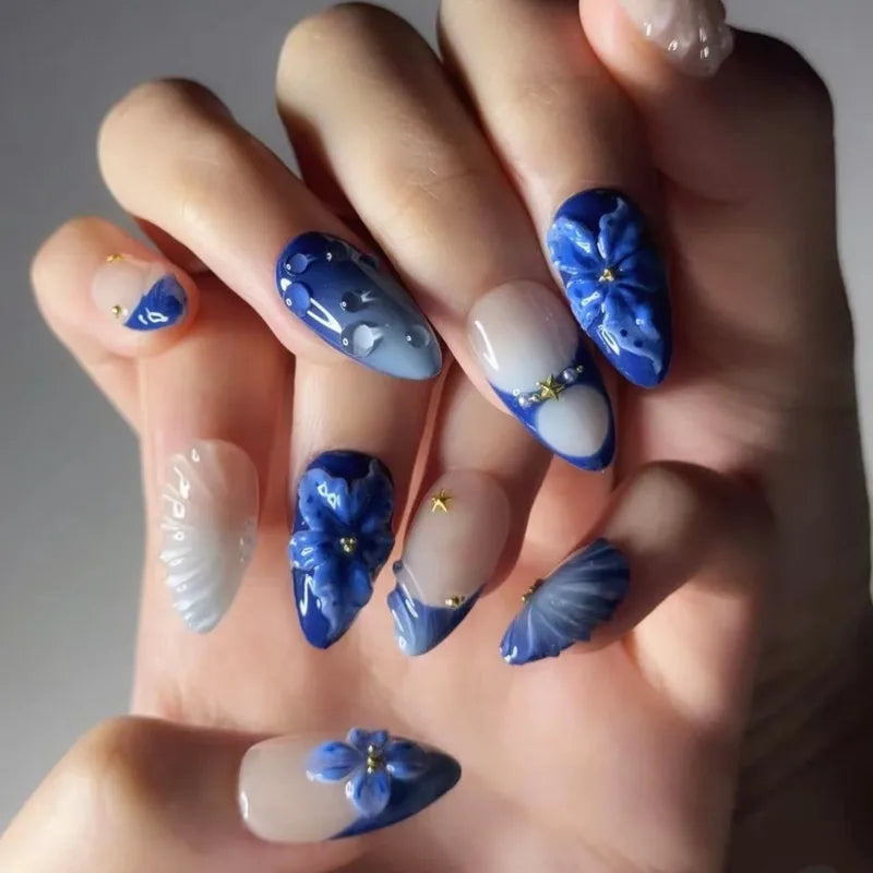24Pcs Fake Nail Set with 3D Embossed Flowers Leopard Polka Dot Design – Almond Tips, Press-On Nails for Women & Girls