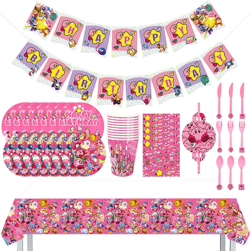 Disposable Birthday Party Cutlery and Plate Set with Banner and Balloons - Kirby Themed Celebration Supplies
