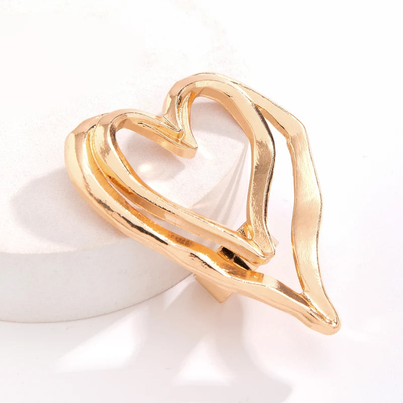 Geometric Double Layer Metal Heart Ring for Women Punk Party Jewelry