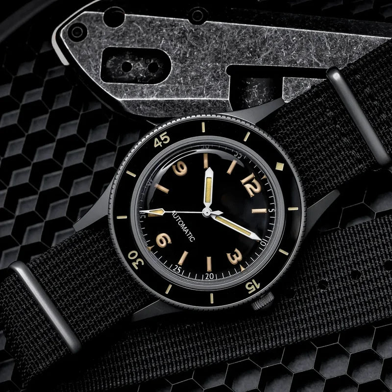 50-Fathoms Retro Black 40mm Sapphire Automatic Diver Watch with Green Luminous Bezel