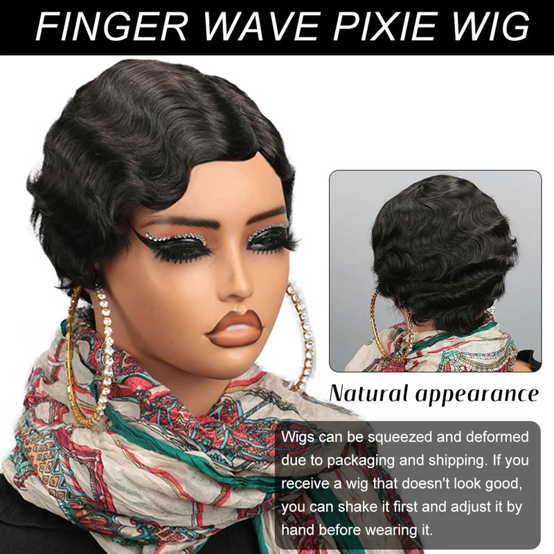Short Human Hair Wig for Women - Brown Ocean Wave Pixie Cut, Natural Color