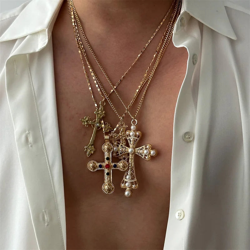 4Pcs Zircon Cross Pendant Necklace Set for Women - Vintage Adjustable Gold Chain Jewelry