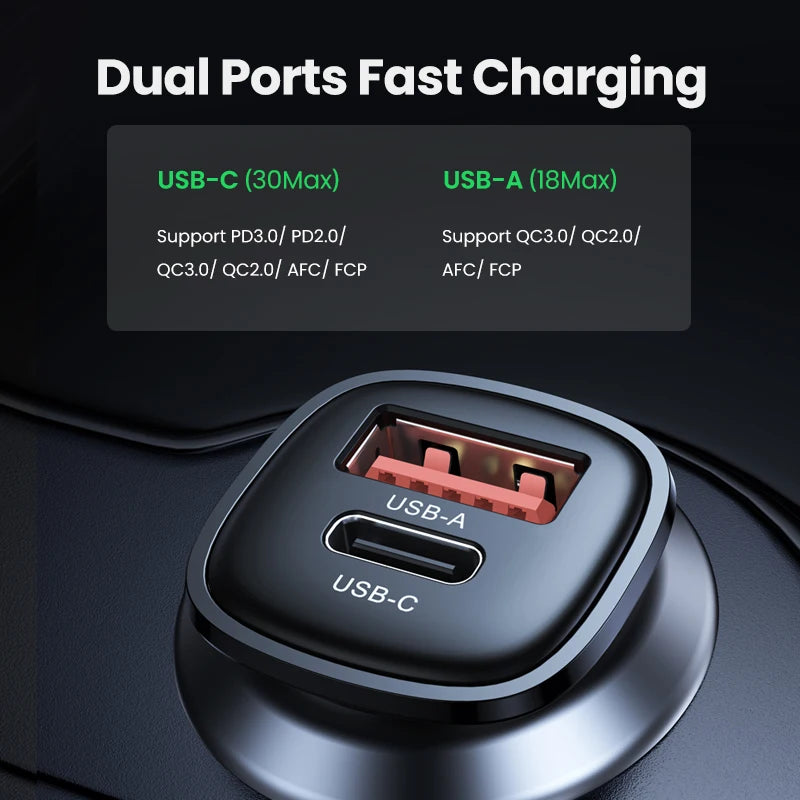 Fast USB Car Charger 30W Dual Quick Charge 4.0 Type C & USB-A for Smartphone