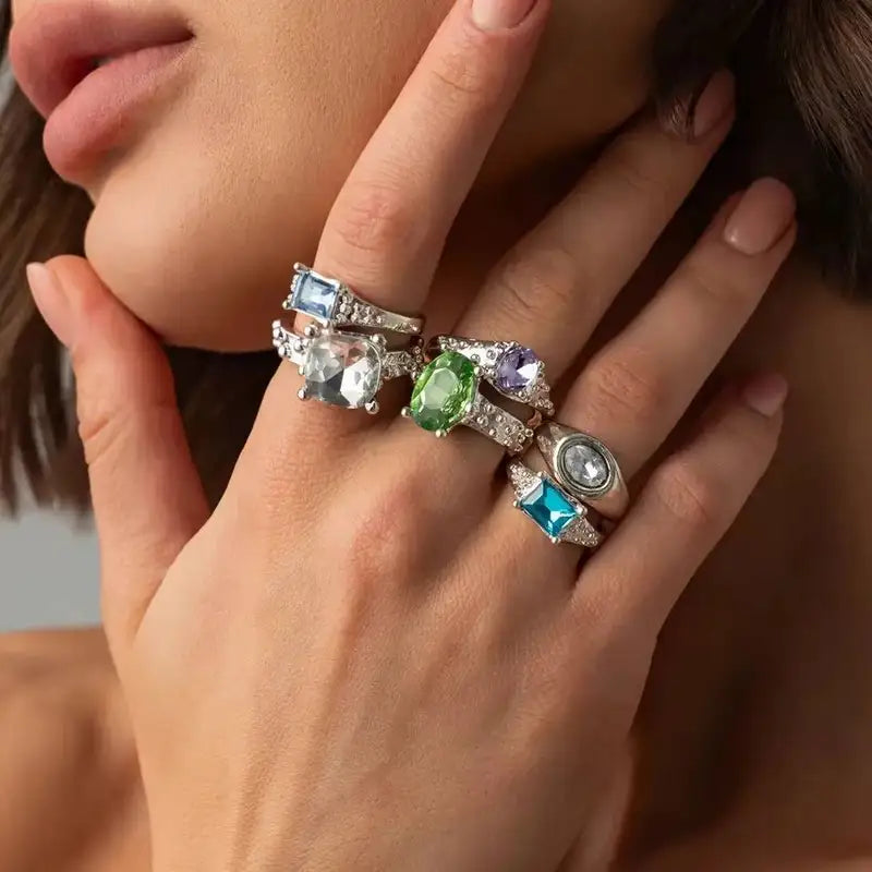 6-Piece Acrylic Rhinestone Adjustable Open Stackable Finger Rings for Women