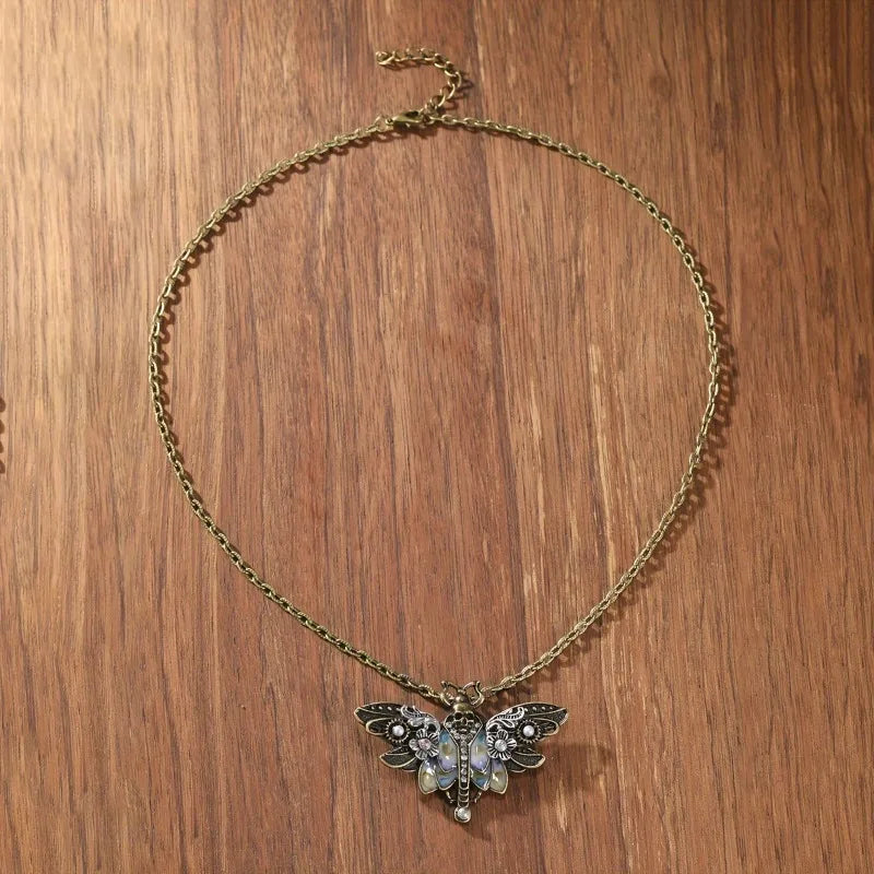 Vintage Boho Moth Pendant Necklace with Skull - Gift for Women, Daily Wear