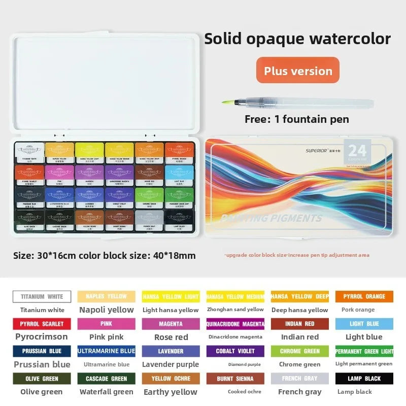 Opaque Semi-Dry Watercolor Paint Set - 24 Colors, Beginner Art Supplies
