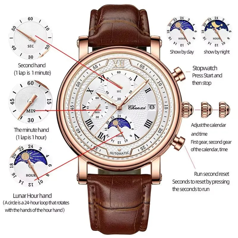 Men's Leather Chronograph Watch with Moon Phase and Luminous Quartz