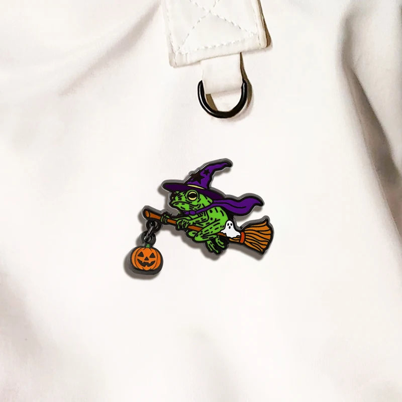 Halloween Frog Witch Enamel Brooch - Broom Pumpkin Ghost Badge for Backpack Hat