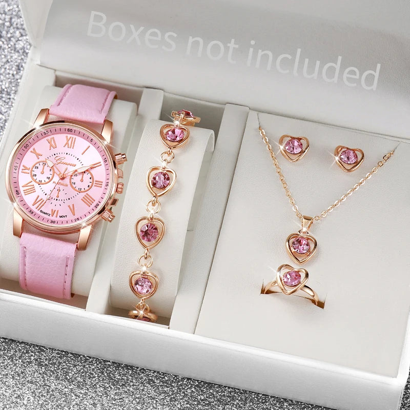Fashion Women's Quartz Wrist Watch Set with Leather Band and Jewelry Accessories