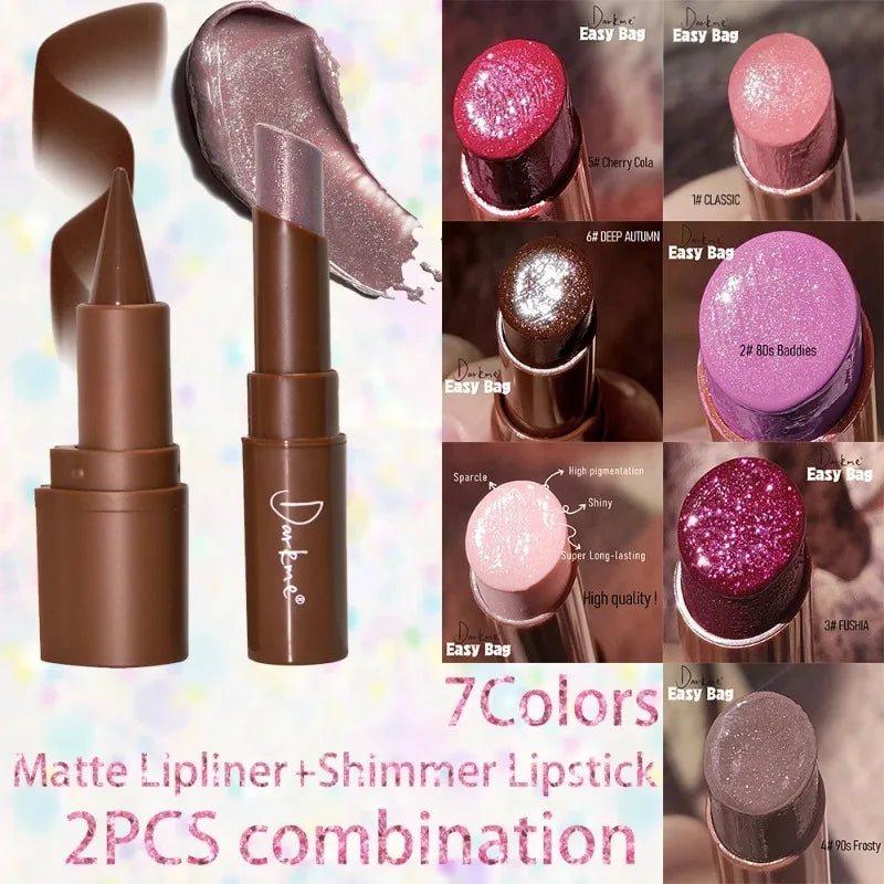 Long Lasting Waterproof Lip Liner Pencil & Lipstick Set - Matte & Sparkling Finish