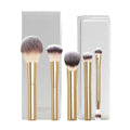 5pcs Makeup Brush Set with White Leather Bag - Powder, Blush, Concealer, Eyeshadow, Crease