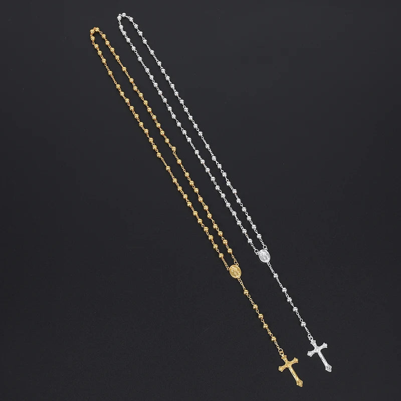 Gold Color Rosary Necklace for Men & Women Long Beads Chain Cross Pendant Religious Jewelry Gift
