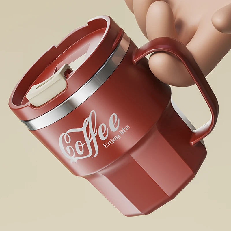 Stainless Steel Double Layer Coffee Mug with Lid & Handle - Reusable Drinkware