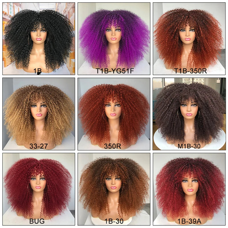Curly Afro Wig with Bangs - Long Synthetic Curly Costume Wig for Daily Wear and Parties