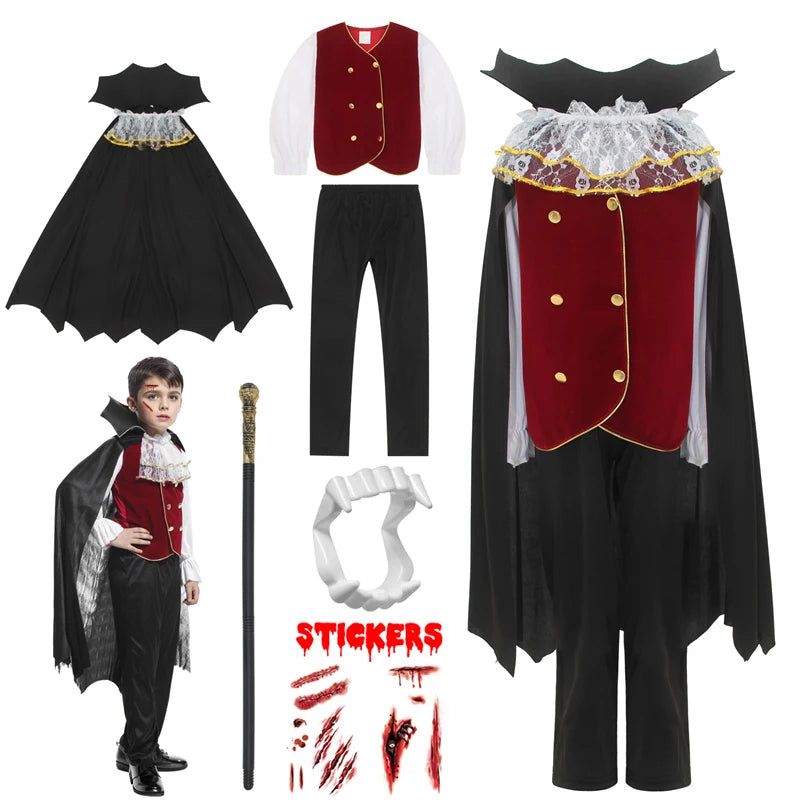 Kids Vampire Cosplay Costume Set with Walking Cane and False Teeth - Halloween Carnival