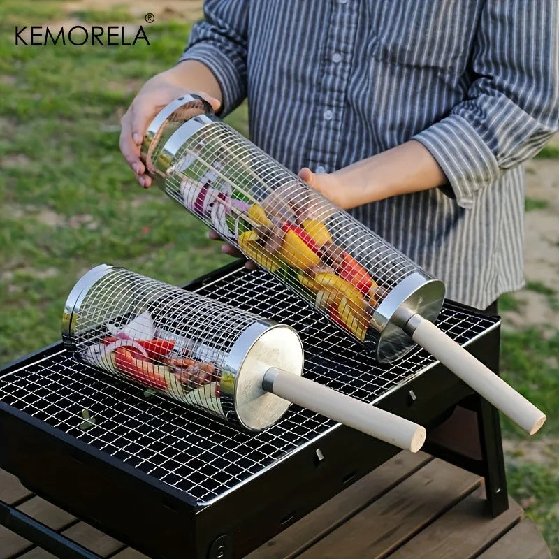 Round BBQ Grill Basket Set - Stainless Steel Outdoor Cooking Cage for Camping & Grilling