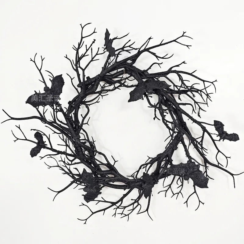 Halloween Artificial Wreath with Bat Design and LED Lights for Front Door Decor
