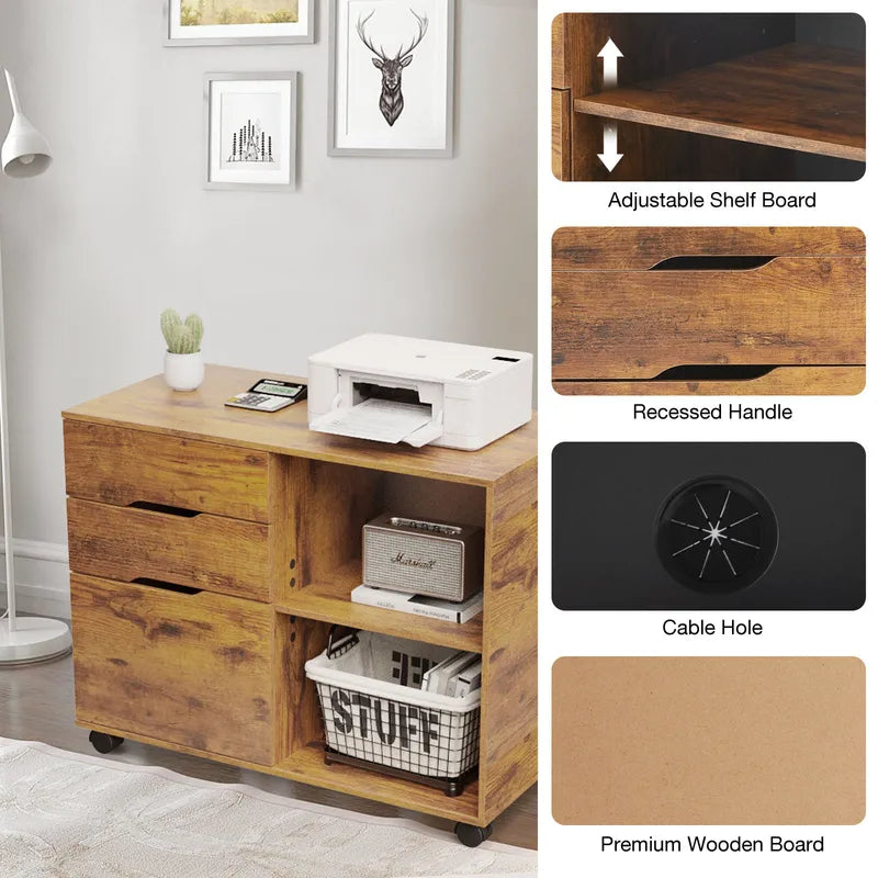 Wooden Mobile Storage Cabinet with 3 Drawers - Modern Nightstand Organizer