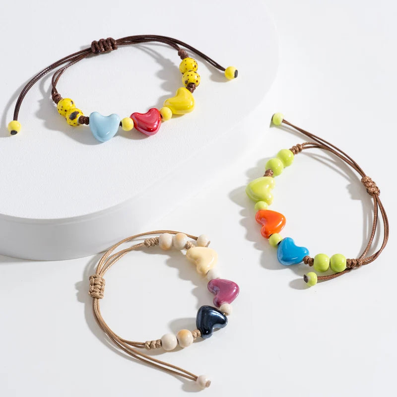 Boho Adjustable Ceramic Heart Beads Bracelet for Couples & Friends
