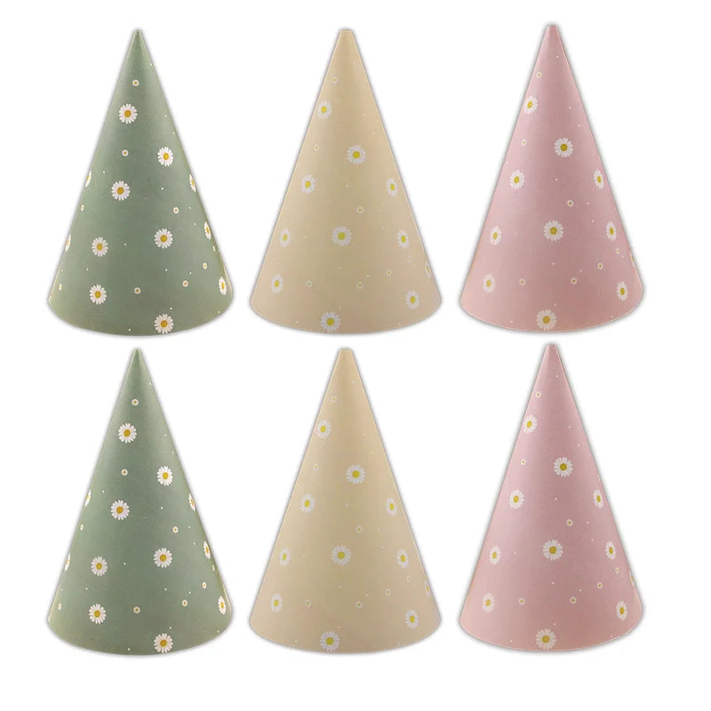 6-Pack Daisy Flower Paper Party Hats for Baby Shower & Birthday Decorations