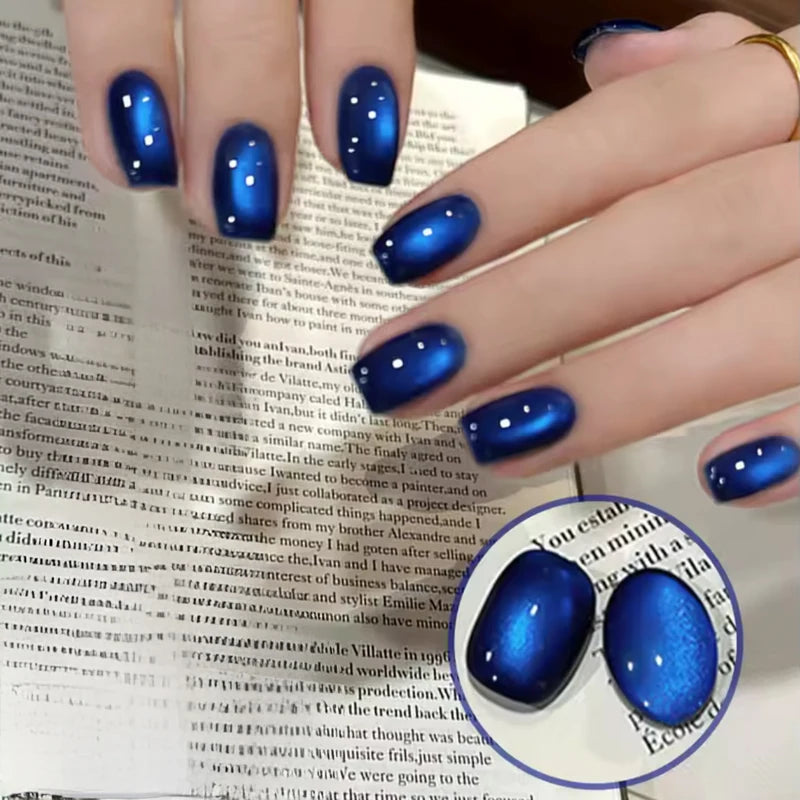 Vibrant Blue Moon Cat Eye Nail Gel with Sparkling Glass Bead Effect - Trendy Nail Art