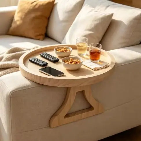 Natural Wooden Sofa Armrest Tray Clip-On Snack & Drink Holder