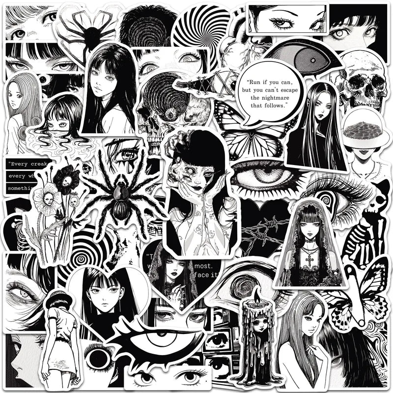 Anime Horror Girl Stickers 50PCS Black & White Aesthetic DIY Scrapbooking Notebook Laptop Luggage Skateboard Car Decals