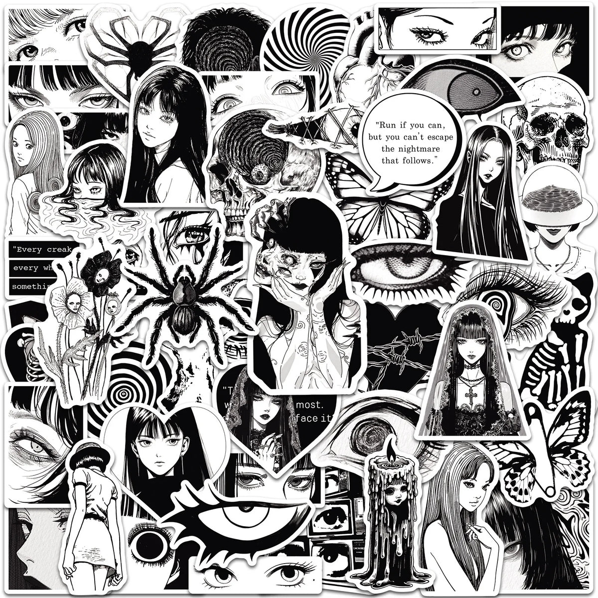 Anime Horror Girl Stickers 50PCS Black & White Aesthetic DIY Scrapbooking Notebook Laptop Luggage Skateboard Car Decals