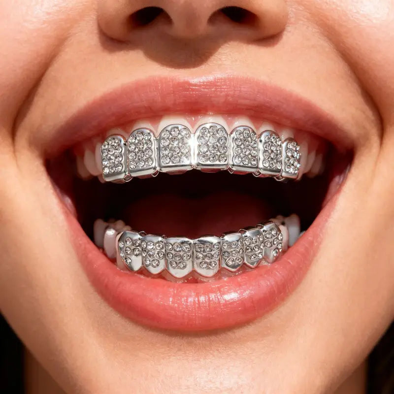 Hip-Hop Silver Teeth Set Diamond Encrusted Braces Party Body Jewelry
