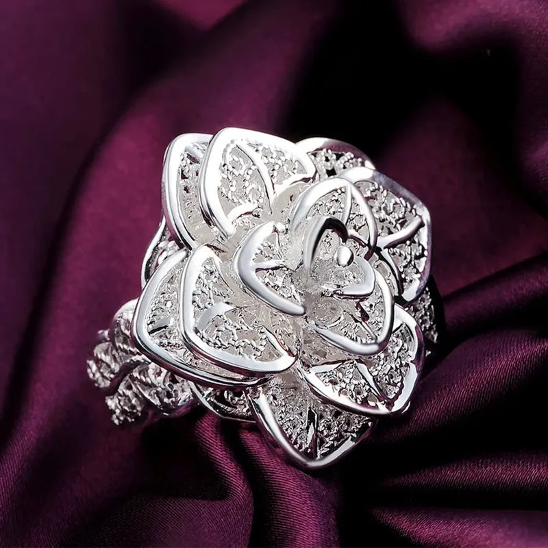 Adjustable Sterling Silver Flower Ring for Women Jewelry Gift