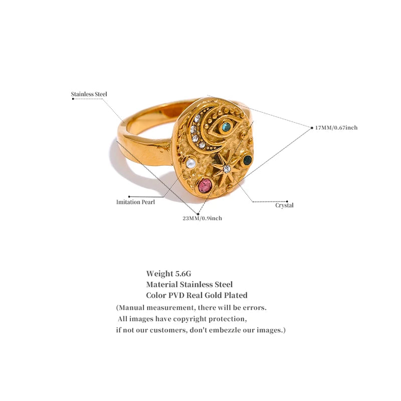 Colorful CZ Star Moon Eye Charm Ring - Celestial Jewelry for Women