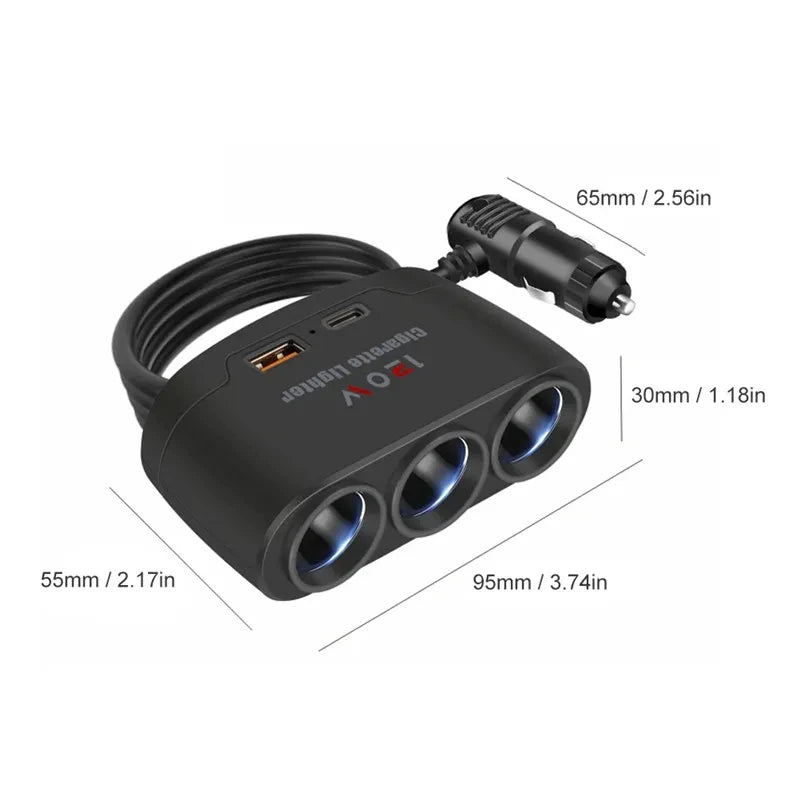 120W Car Cigarette Lighter Splitter with Dual USB Fast Charger 12V 24V