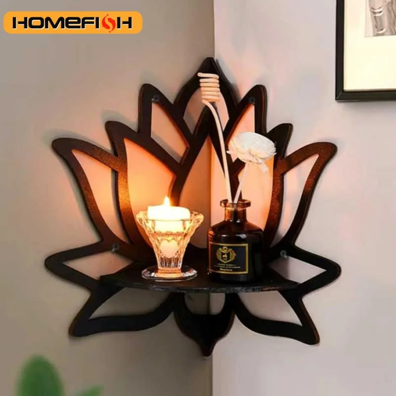 Wooden Lotus Hollow Wall Shelf for Aromatherapy and Candle Holders