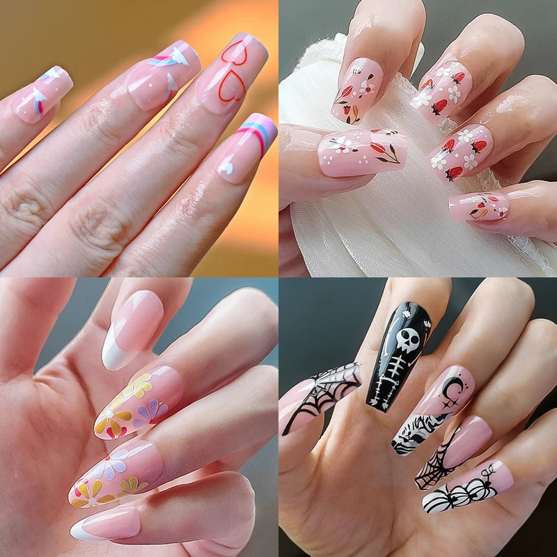 Halloween Press-On Nails Set with Skeleton Design, Full Cover False Nails for Spooky Nails