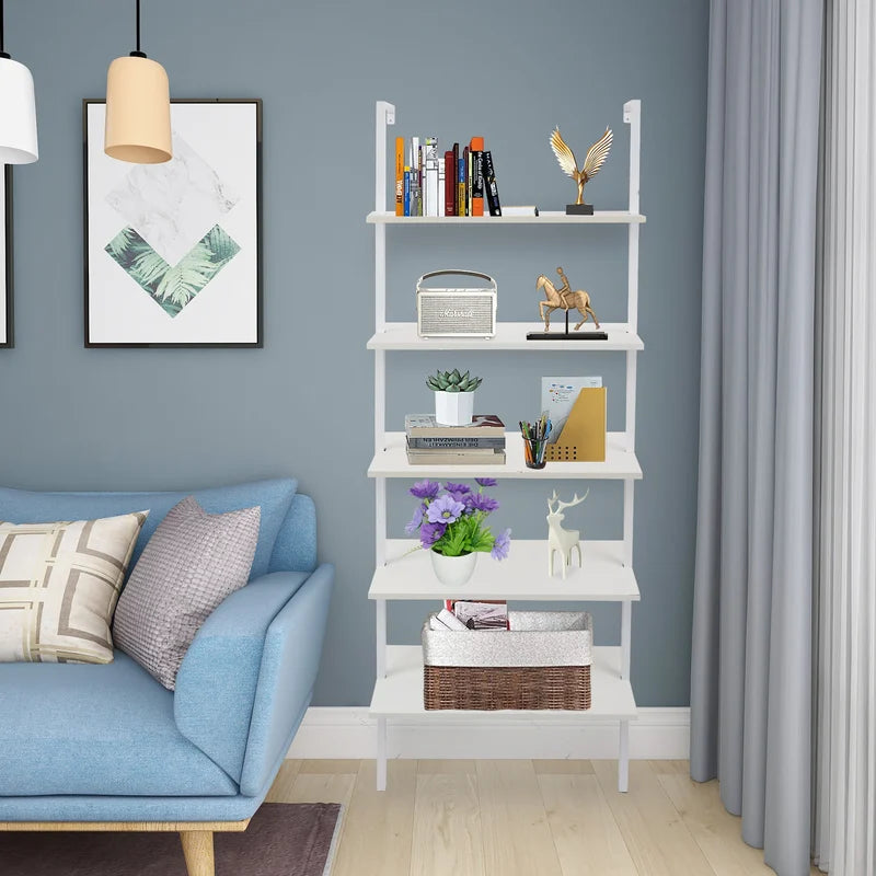 5-Tier Ladder Wall Shelf Storage Rack White Living Room & Study Organizer