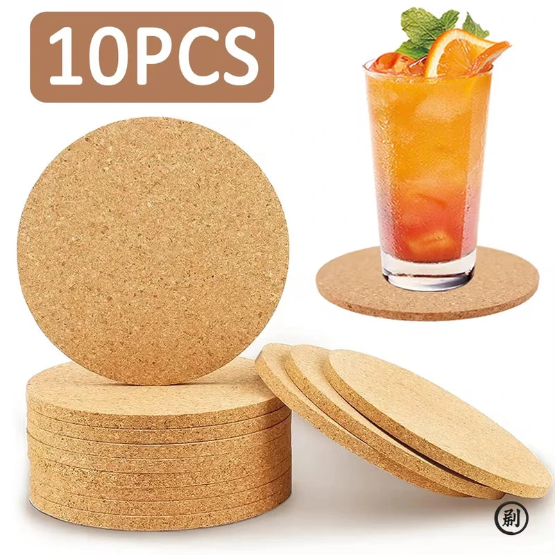 Natural Wooden Coaster Set 10PCS - Round Cork Drink Holders for Tea Coffee Table Decor
