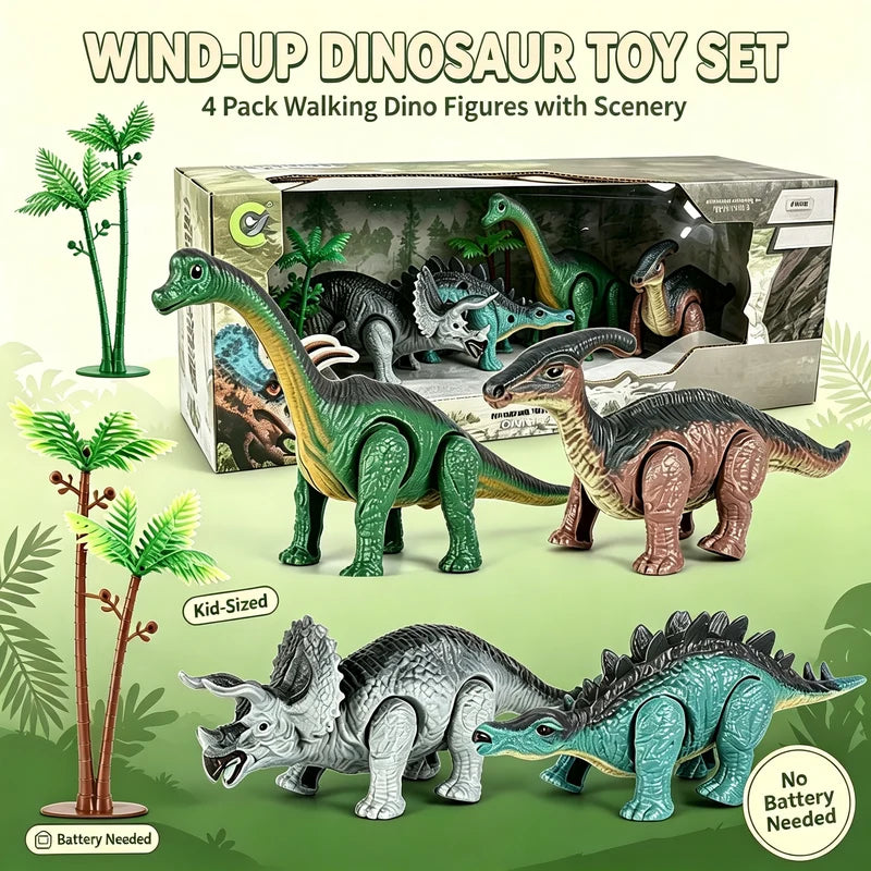 Wind-Up Mechanical Dinosaur Toy Set - Realistic 4-Pack Educational Playset for Kids