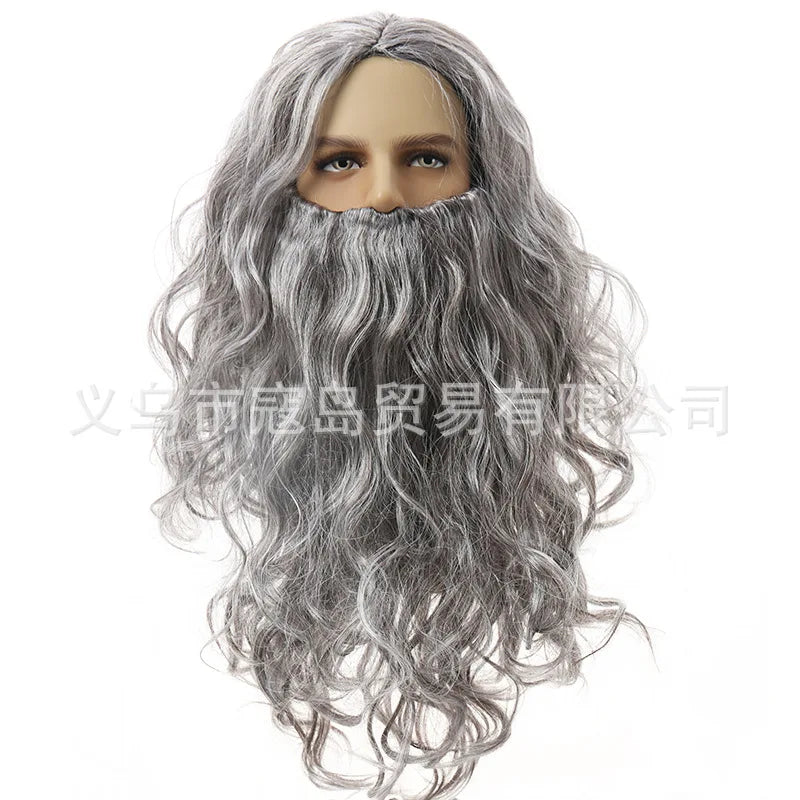 Halloween Men's Wizard Role Play Wig and Beard Set - Silver Grey Cosplay Hair Costume