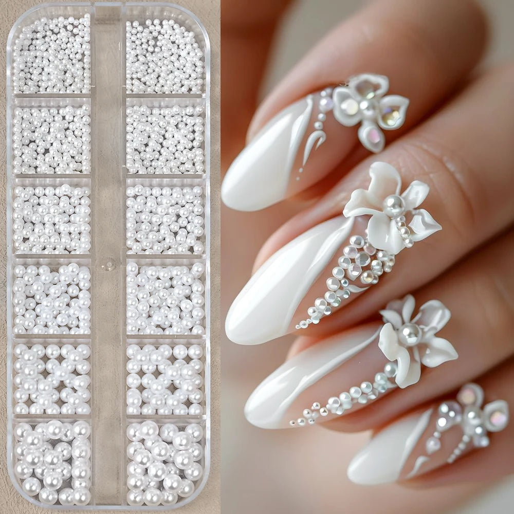 12-Grid Mixed White Pearl Nail Charms for Manicure DIY Jewelry