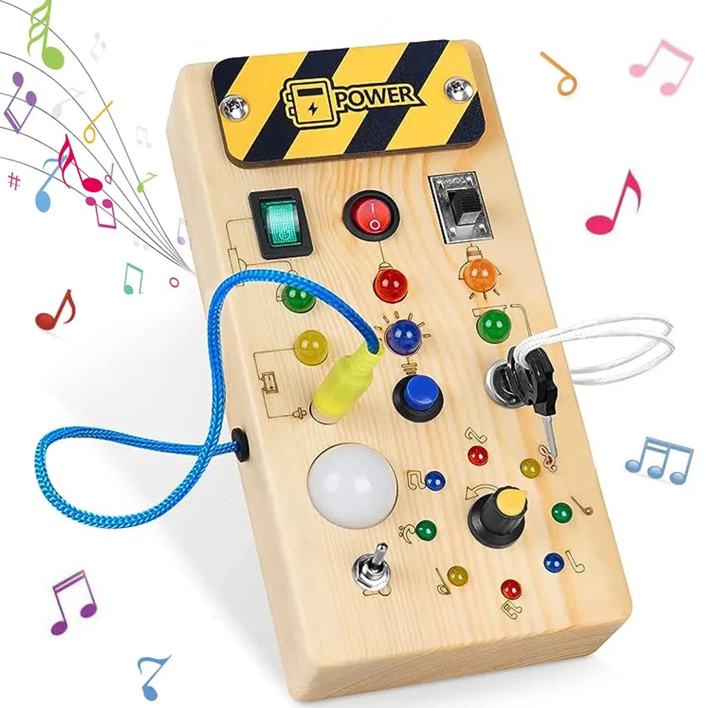 Wooden Sensory Busy Board with LED Light Switch for Children 2-4 Years